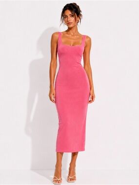 Zara Fitted Square-Neck Midi Dress in Hot Pink